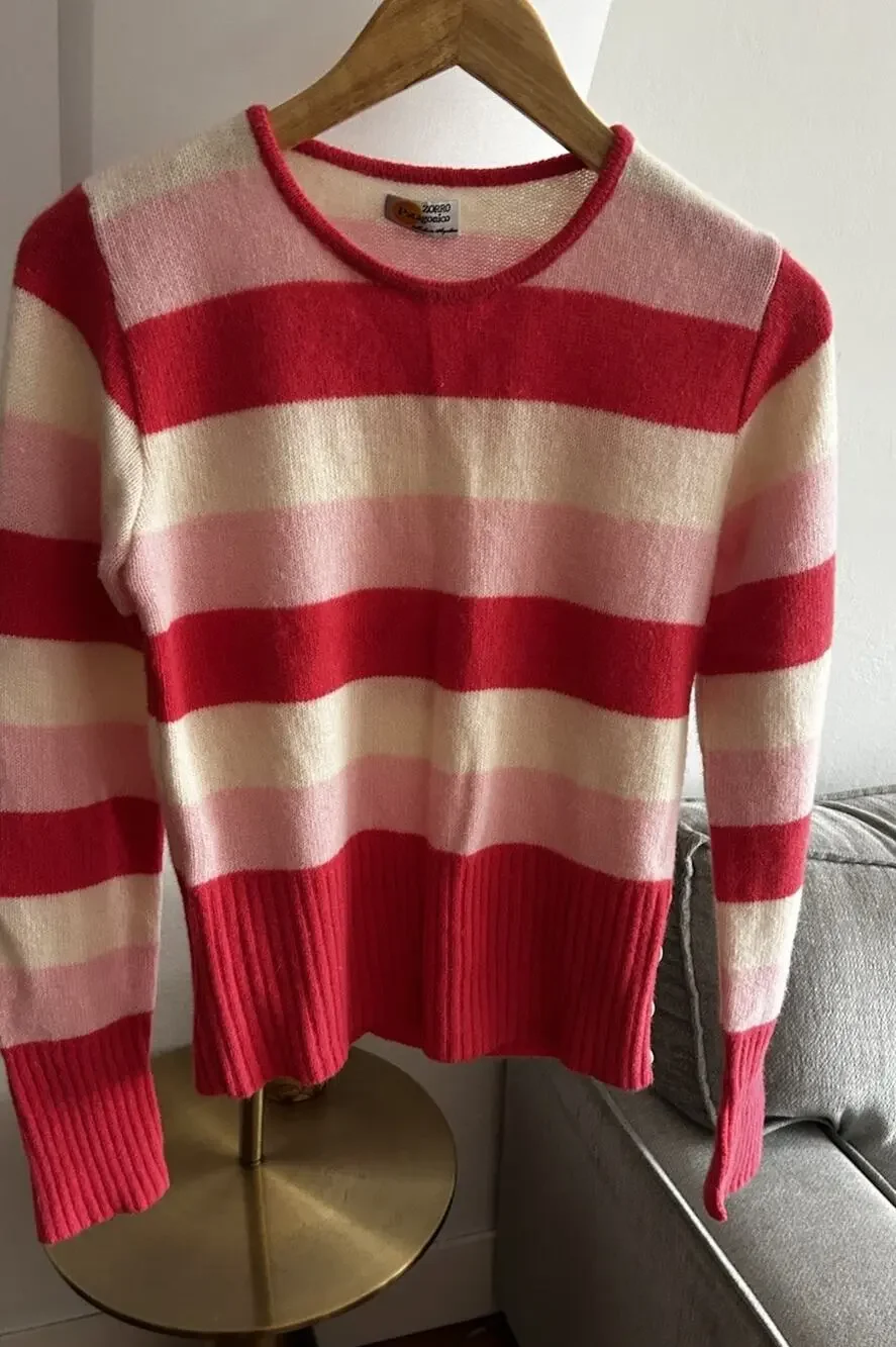 Vtg Y2K Angora Wool Blend Striped Sweater S/M Pink Fuzzy Grandma Preppy
